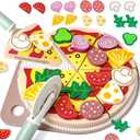 Wooden Pizza Toy Set, 25 Pcs Cutting Toys Kitchen Pretend Play Accessories, Pizza Playset for 3-5 Year Old Boys & Girls Birthday Gift