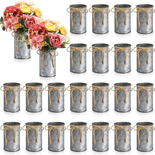 Rustic Vase for Table Centerpieces 4.33 Inch Small Petite Flower Vase with Twine Bow Vintage Farmhouse Decor for Wedding Reception Dining, Home Galvanized Metal Buckets(Iron Color,24 Pcs)