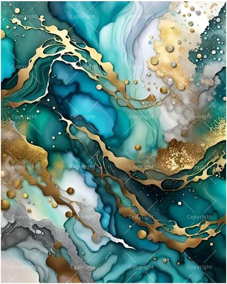 Abstract Art Paint by Numbers Kit for Adults - DIY Teal and Gold Marble Effect Abstract Painting on Canvas 8X12IN, Framed Acrylic Paint Set, Suitable for Beginners,Art for Decoration or Gifts