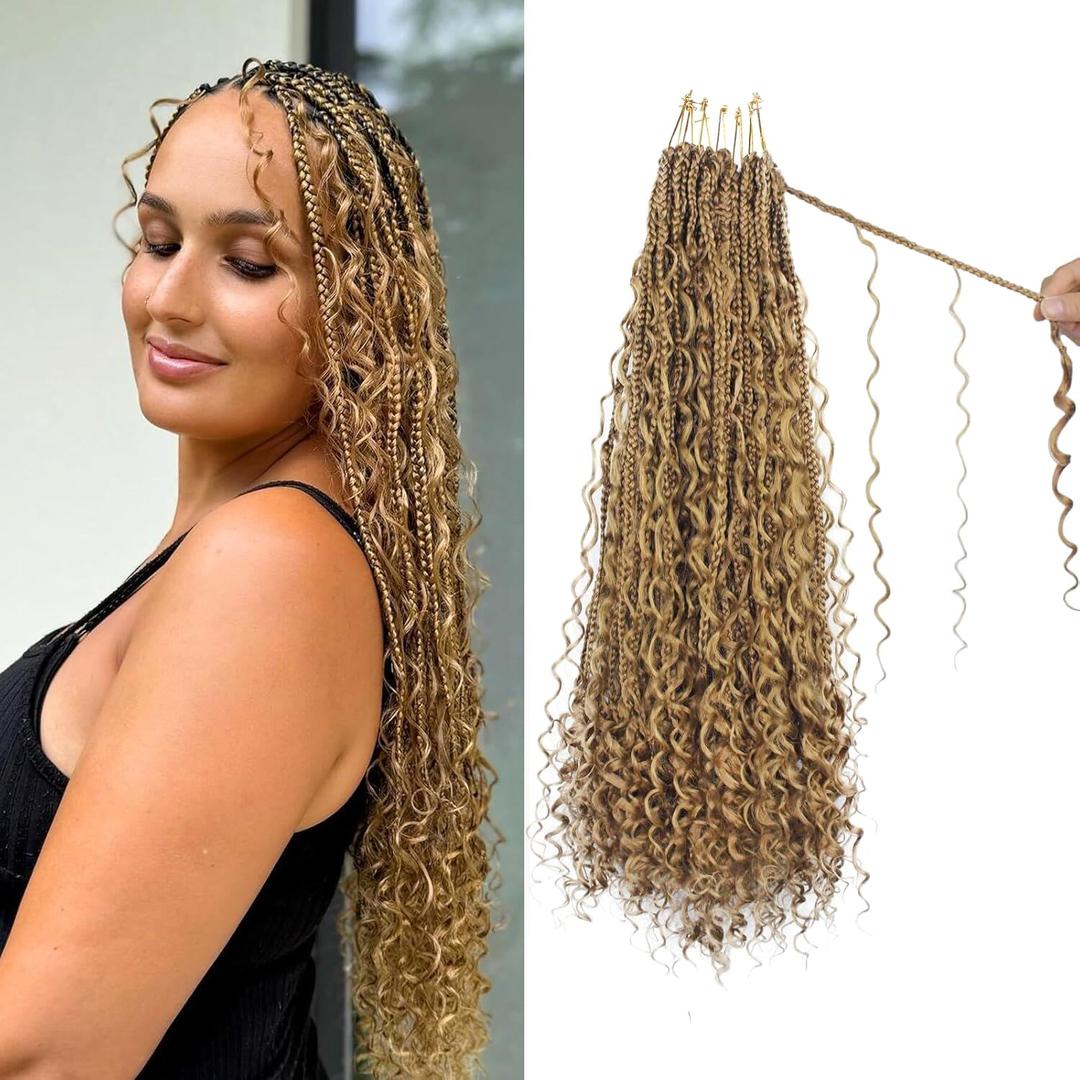 Boho Crochet Braids Pure Protein Fiber Close to Human Hair 18 Inch Goddess Box Braids with Soft Curls Bohemian Braids Crochet Hair for Black Women (18Inch,#27)