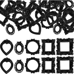 Vicenpal 40 Pcs Vintage Mini Picture Frames Baroque Antique Small Resin Jewelry Display Table Frame for Christmas DIY Photo Holiday Party Decoration (Black)