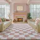PureCozy Checkered Rug 7x10 for Living Room, Pink and White Modern Shag Rugs Super Soft Washable Indoor Office Fuzzy Carpet Non-Slip Fluffy Rugs for Bedroom Home Aesthetic Decor