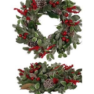 24-Inch Christmas Wreath for Front Door - Artificial Holiday Wreath with Frosted Pinecones, Red Berries, Holly Leaves, and Greenery - For Indoor & Outdoor Winter Decorations, Xmas Wall Dcor