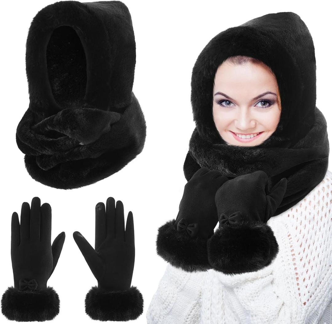 Chuarry 2 Pcs Women's Faux Fur Infinity Scarf and Winter Gloves Set Include Soft Hooded Scarf Touchscreen Fur Gloves (Black)