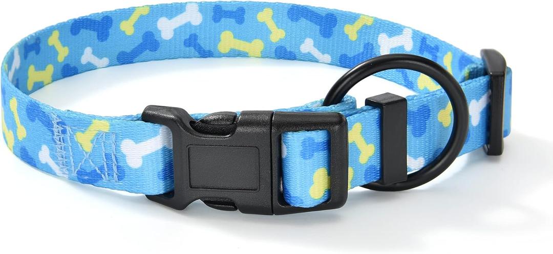 Mile High Life Nylon Puppy Dog Collar Nylon w Cute Patterns Lightweight Girl Boy Collar for Small/Medium/Large Dogs (Sky Blue Bone, Medium Neck 13"-17")
