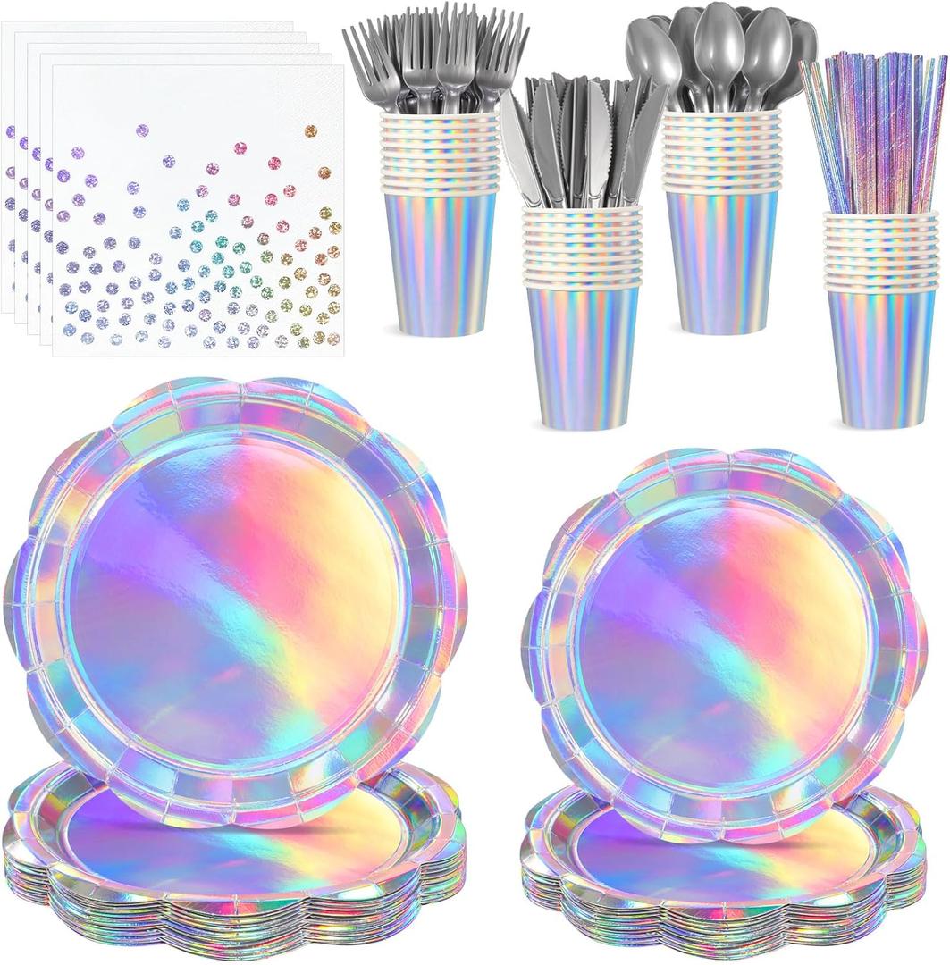 200 Pcs Iridescent Party Supplies Decorations, 25 Guest Scalloped Iridescent Graudation Plates and Napkins Bachelorette Decorations Holographic Tableware for Birthda Bridal Wedding Disco