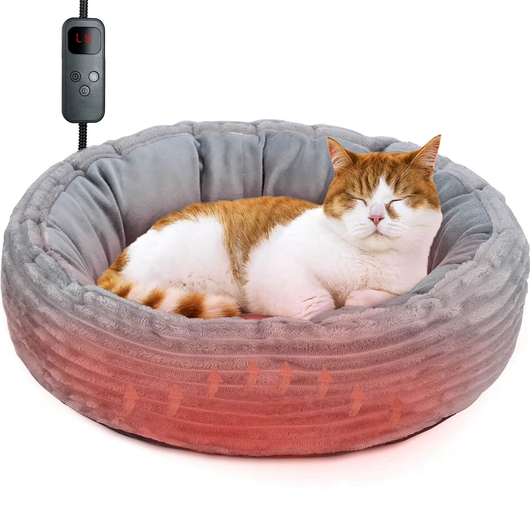 Heated Cat Bed for Indoor Cats, 20’’ Electric Cat Heated Bed Pet Warming Bed for Cats and Small Dogs, Washable Calming Round Donut Pet Bed with Heating Pad, Indoor Use