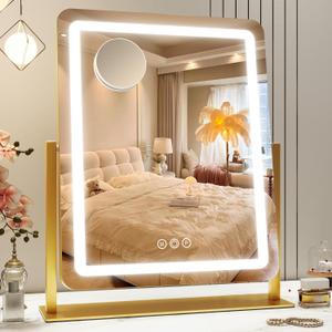 Vanity Mirror with Lights, 22"x18" LED Makeup Mirror with 10X Magnification, Smart Touch 3 Colors Dimmable, Light Up Mirror for Makeup Desk, 360 Rotation, Gold