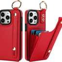 Folosu for iPhone 14 Pro Max Wallet Case with Card Holder, Hand Wrist Strap Loop Holder Kickstand, RFID Blocking Finger Grip Ring PU Leather Double Buttons Shockproof Cover 6.7" Red