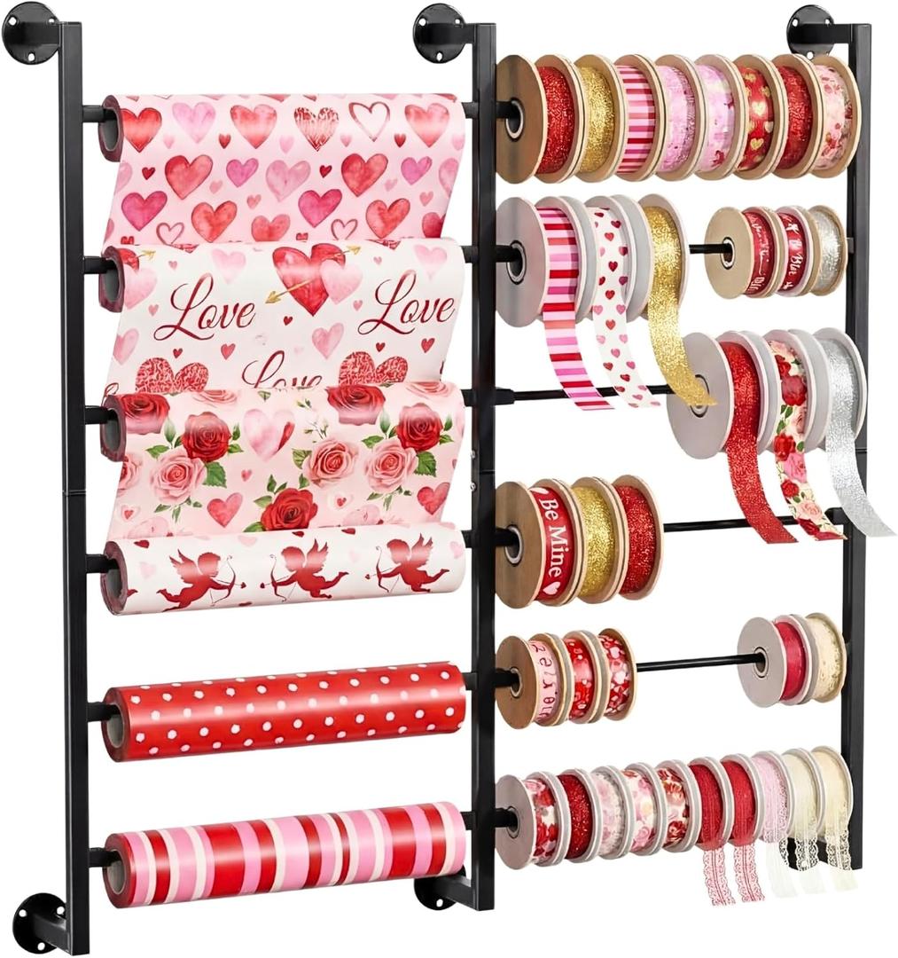 Ofiray-home Double 6-Tier Ribbon Storage Organizer, Large Capacity Wall Mount Ribbon Organizer with 12 Removable Rods, Gift Bag Yarn Storage Holder for Craft Room, Flower Shop, DIY Supplies - Metal