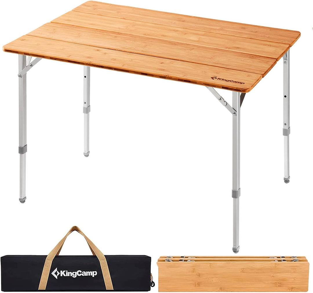 KingCamp Adjustable Height Folding Table, 4-Fold Bamboo Camping Outdoor Portable RV Camp Table with Carry Bag for Outdoor Car Backyard Picnic Tailgating Beach, 4 Fold Large 39.4'' X 25.6''