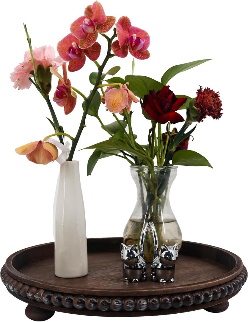Decorative Tray 12in Round Wood Beaded - Brown Serving Tray Risers for Living Room, Coffee Table, Kitchen or Farmhouse Display Decorative Tray 12in Round Wood Beaded - Brown Serving Tray Risers for Living Room, Coffee Table, Kitchen or Farmhouse Display