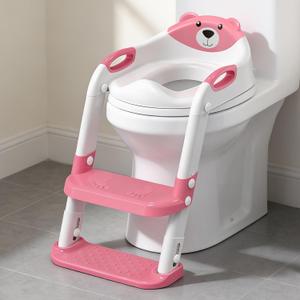 SKYROKU Potty Training Seat with Step Stool Ladder, Toddler Potty Seat for Kids and Toddler Boys Girls, Splash Guard and Safety Handles(Hot Pink)