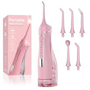 Cordless Portable Water Flosser with 300ML Tank: Rechargeable Oral Irrigator with 5 Tips for Travel, Braces Care and Sensitive Gums, IPX7 Waterproof Teeth Cleaning Device(Pink)