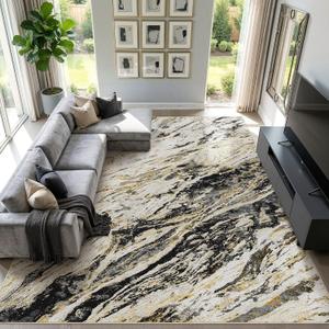 Area Rugs for Living Room: 10X14 Abstract Washable Rug Modern Neutral Large Soft Stain Resistant Non-Slip for Bedroom Dining Room Indoor Home Office Carpet - Black Gold
