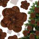 12 Pcs Large Velvet Christmas Poinsettia Magnolia Flowers Ornaments Glitter Big Heads Artificial Magnolia Flowers for Decoration Wedding Decor Supplies(Brown)