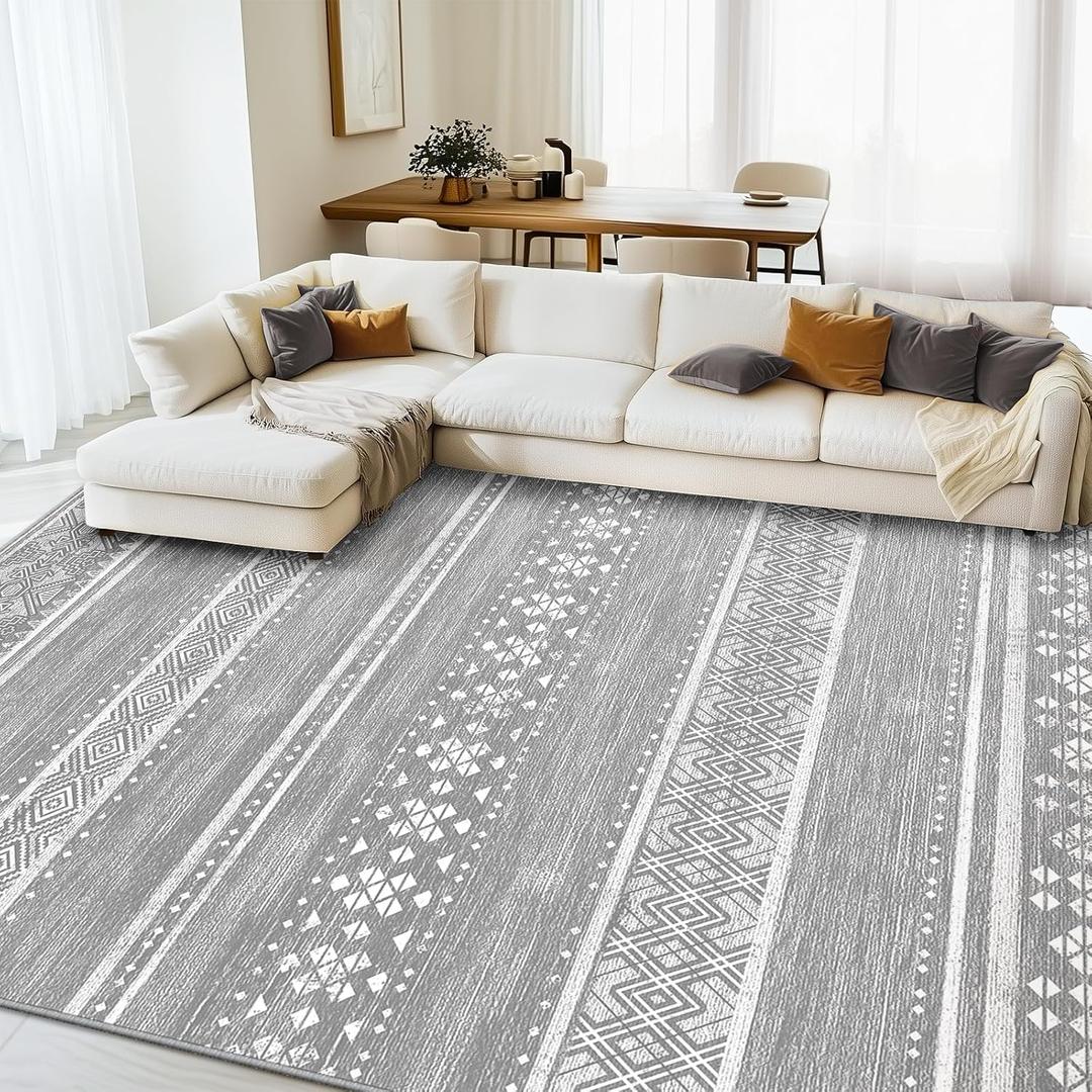 BESTSWEETIE 9x12 Area Rugs for Living Room Washable Moroccan Farmhouse Neutral Geometric Low Pile Non-Slip Soft Print Pattern Rug for Bedroom Kitchen Dining Room Entryway Grey/White