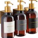 Shower Shampoo Dispenser Wall Mounted 3 Refillable 16.9 oz Amber Bottles with Stainless Steel Pumps & No-Drill Adhesive Holders Soap Dispenser Set for Bathroom (3 X Amber/Gold)