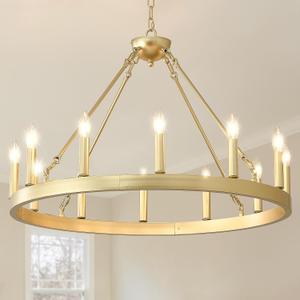 Gold Wagon Wheel Chandelier Farmhouse 32-Inch, 12-Light Modern Gold Chandelier for Dining Room, Round Iron Industrial Chandeliers Light Fixture for Living Room, Foyer, Entryway, E12