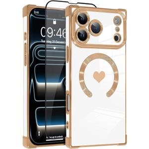 OOK Magnetic Case for iPhone 17 Pro Max 6.9 Inch [Wireless Charging Compatible] Soft TPU Heart Design Phone Cover with Screen Protector Shockproof Protection Slim Case for Women - White (White (NO Strap))