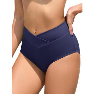Women's High Waisted Bikini Bottoms V Cut Full Coverage Swim Bottoms Cross Front Bathing Suit Bottoms (Blue), Medium