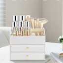VLANDO Makeup Organizer for Vanity,Large Capacity Countertop Organizer with Drawers, PU Leather Cosmetic Display Case for Lipstick,Brushes,Skincare,Nail polish and Bedroom Storage (White)