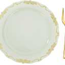LIYH 100 Pcs Light Green Gold Plastic Dessert Plates with 100 Pcs Gold Dessert Plates, Disposable Sage Green Salad Plates, Includes: 100 Appetizer Plate 7.5" & 100 Golden Cake Forks 5"