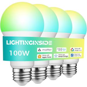 Lightinginside Matter Smart Light Bulbs 100W Equiv, Compatible with Alexa/Apple Home/Siri/Google Home/SmartThings, A19 E26 WiFi RGBCW Color Changing Light Bulb, 11W 1350LM, 2.4G WiFi, ETL Listed, 4PCS