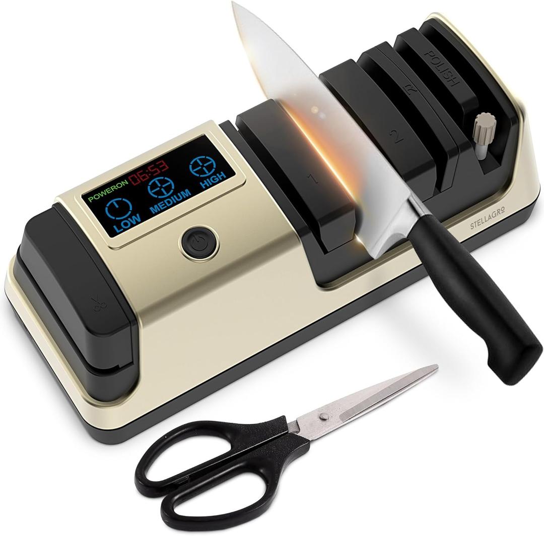 Kitchen Knife Sharpener Electric 5-in-1 - Professional Knife and Scissor Sharpener with Adjustable Speed, LCD Display - Knives Sharpening System with Ceramic Rod for Fast Sharpening & Polishing