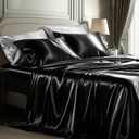 Bedsure Black Satin Sheets Queen Size - 4 Piece Silky Bedsheets with Elastic Corner Straps and 15 Inches Deep Pocket Fitted Bedsheet,1 Flat Sheet, 2 Satin Pillowcases, Good for Hair& Skin(Queen,Black)