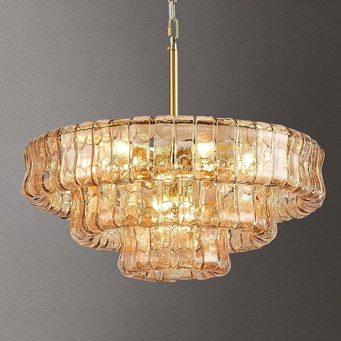 23in Large Chandelier Gold, Modern Dining Room Light Fixtures, 3 Layer Luxury Glass Chandelier 9 Light Chandeliers for Dining Room Kitchen Island Living Room (Gold)