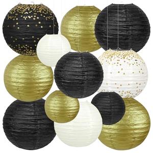 Black Gold Graduation Decorations 2026 | 6" 8" 10" Hanging Paper Lanterns for Black and Gold Party Decorations, Birthday Decorations for Men, Retirement & Anniversary