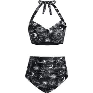 Holipick Women High Waisted Bikini Set Two Piece Swimsuit Tummy Control Bathing Suit Vintage Halter Swimwear (18 Plus, Black Sun Moon)