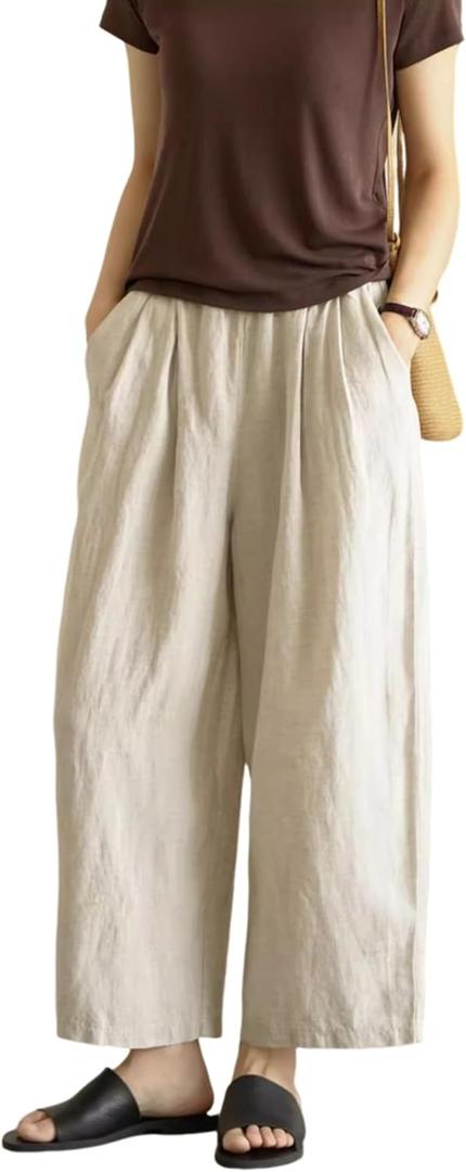 Yeokou Womens Linen Pants Summer Casual Capris Cropped Wide Leg Beach Trousers with Pockets(Beige-S)