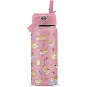 Cat Water Bottle for Girls - 16oz Cat Stainless Steel Water Bottle with Straw - Cute Cats Insulated Cup - Pink Cats Kids Tumbler for School, Sports, Travel