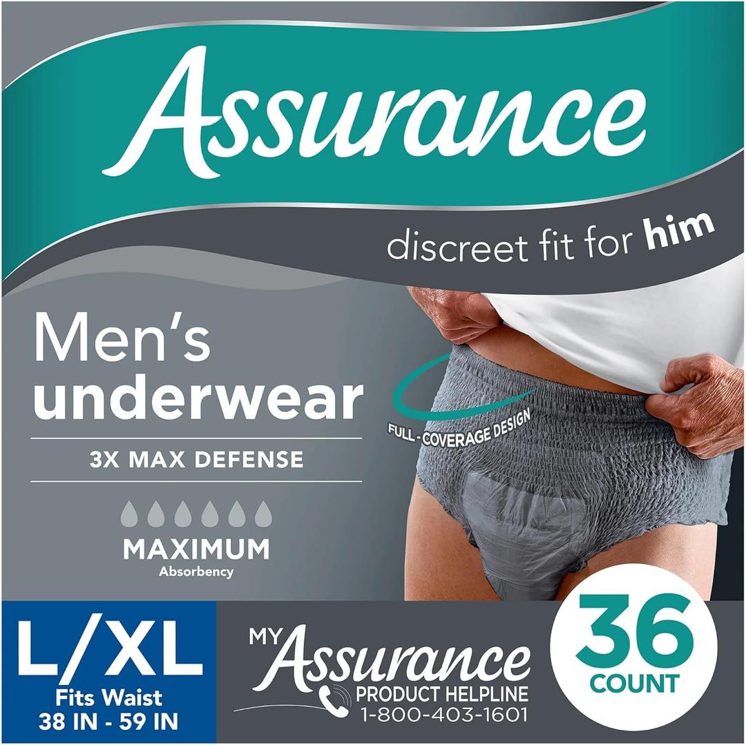 Assurance Men's Incontinence Underwear, L/XL, Maximum Absorbency (36 Count) 3X Max Defense, Grey