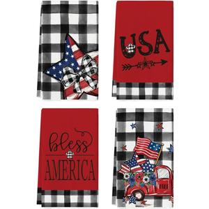 Artoid Mode Buffalo Plaid USA Stars Patriotic 4th of July Kitchen Towels Dish Towels, 18x26 Inch Memorial Day Decoration Hand Towels Set of 4