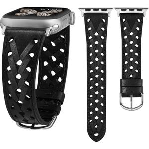 Wearlizer Leather Band Compatible with Apple Watch Band 41/40/38/44/45/46/49/42mm Women Men, Dressy Breathable Hollow-out Braided Strap for iWatch Bands Series 11 10 9 8 7 6 5 4 3 SE/Ultra 3 2 1 (Black/Silver Buckle)