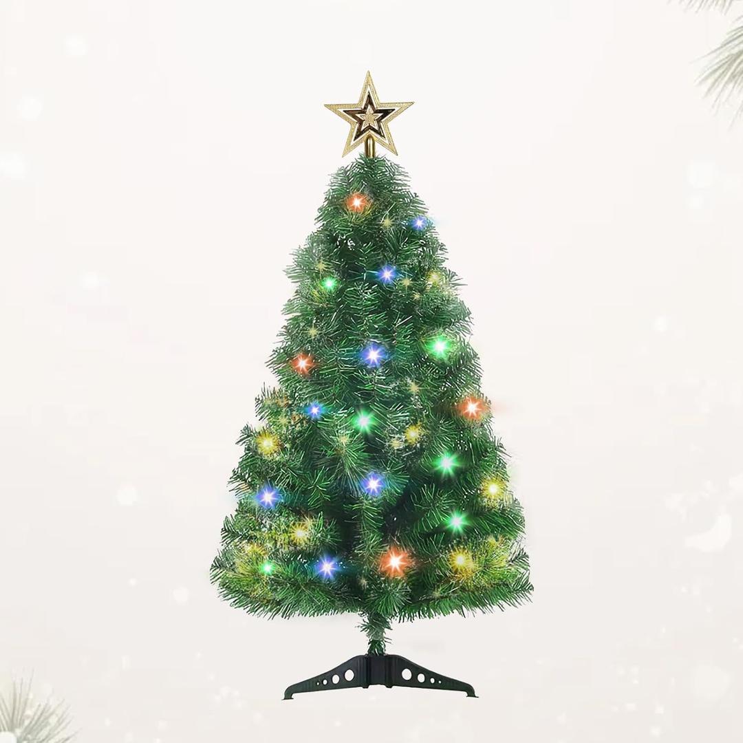 Christmas Tree with Lights,3ft Artificial Xmas Tree for Home, Office, Indoor and Outdoor Holiday Decoration,Golden Star Topper & Easy Assembly, Green