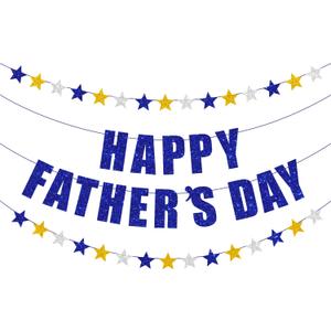 Happy Father's Day Banner, Glitter Blue Happy Father's Day Banner with Tassel, Father's Day Party Decorations, Father's Day Party Supplies, Garland for Father's Day (Blue Gold Silver Star)