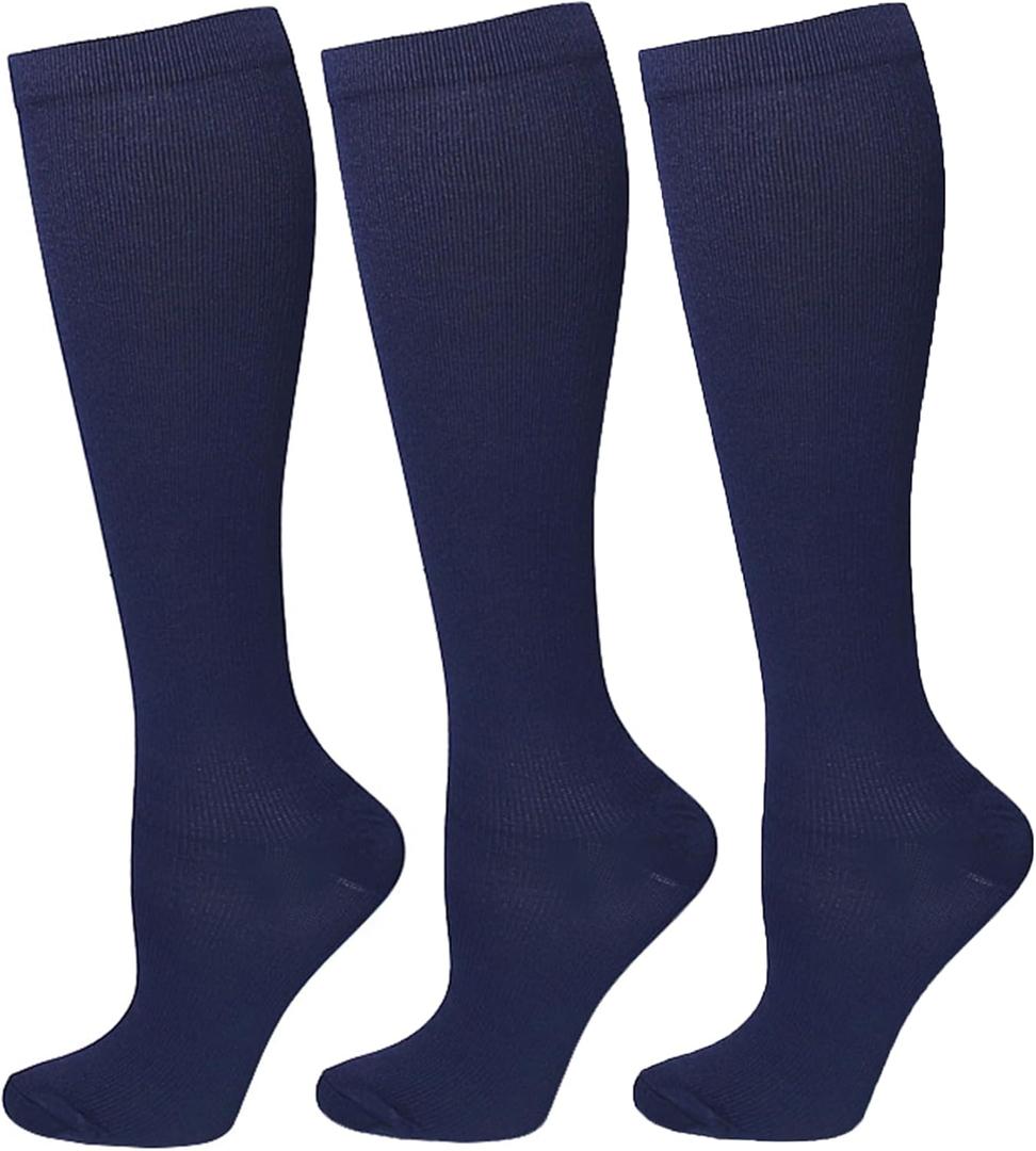 3 Pairs Compression Socks for Women & Men Circulation 15-20 mmHg Support for Athletic Running Cycling (Small-Medium, Navy)