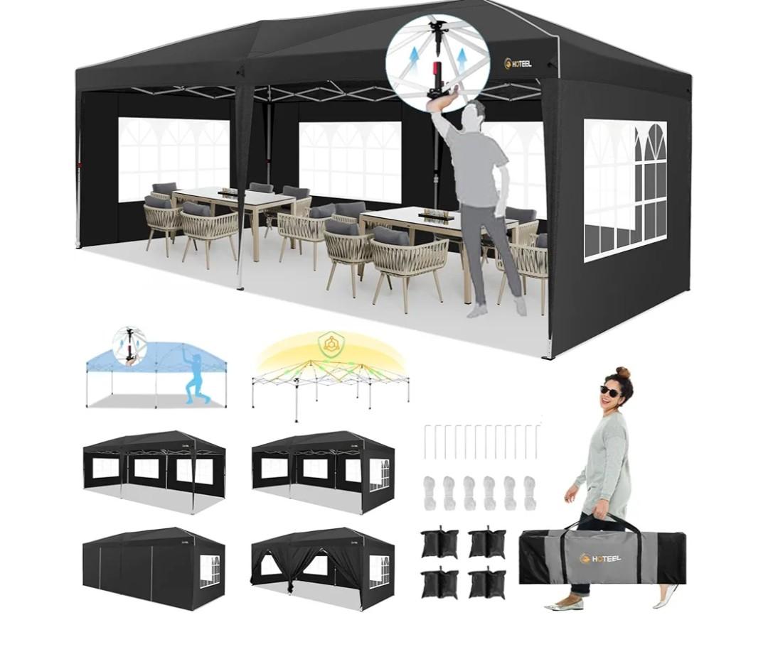 HOTEEL 10x20 Pop up Canopy with 6 Sidewalls, One Push Instant Setup Outdoor Canopy Tent with Reinforce Rod, Weight Bag, for Parties, Events, Black