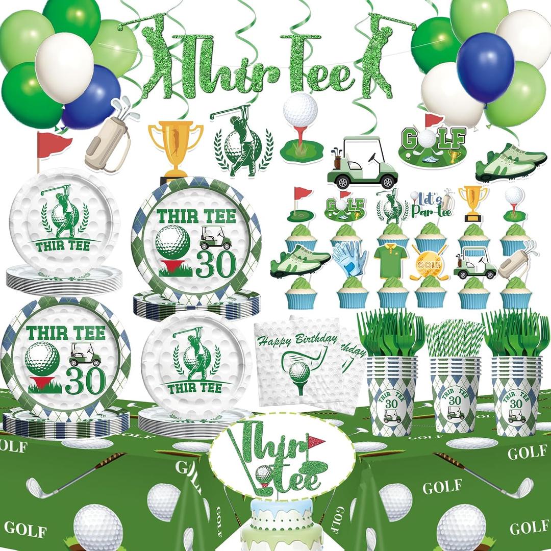 Golf 30th Birthday Decorations, 194 PCs Thir-Tee Golf Party Decor Tableware Supplies with Napkins Plates Forks Cups Straws Balloons Banner Tablecloths Cake Cupcake Toppers