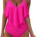 SUUKSESS Women Slimming Ruffle One Piece Swimsuits Ruched Tummy Control Bathing Suits (Large, #1 Hot Pink)