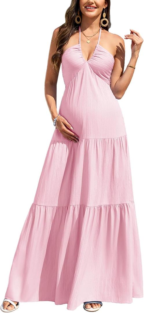 CYCLAMEN Maternity Dress Halter V-Neck Pleated Backless Maxi A-Line Gown Baby Shower Photoshoot Beach Vacation Tea Party (Pink),L