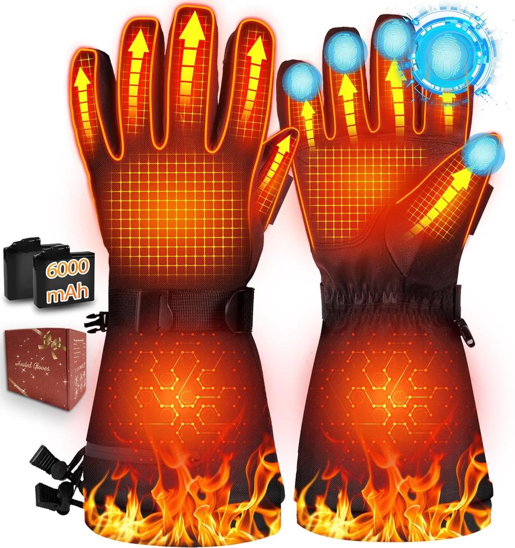 Heated Gloves for Men Women - Rechargeable 7.4V 6000mAh Heated Gloves Up to 10H Warmth, Full Touchscreen, 10s Fast Heating, 3 Level Adjustable, Electric Winter Gloves for Outdoor Skiing Hunting Hiking (Medium)
