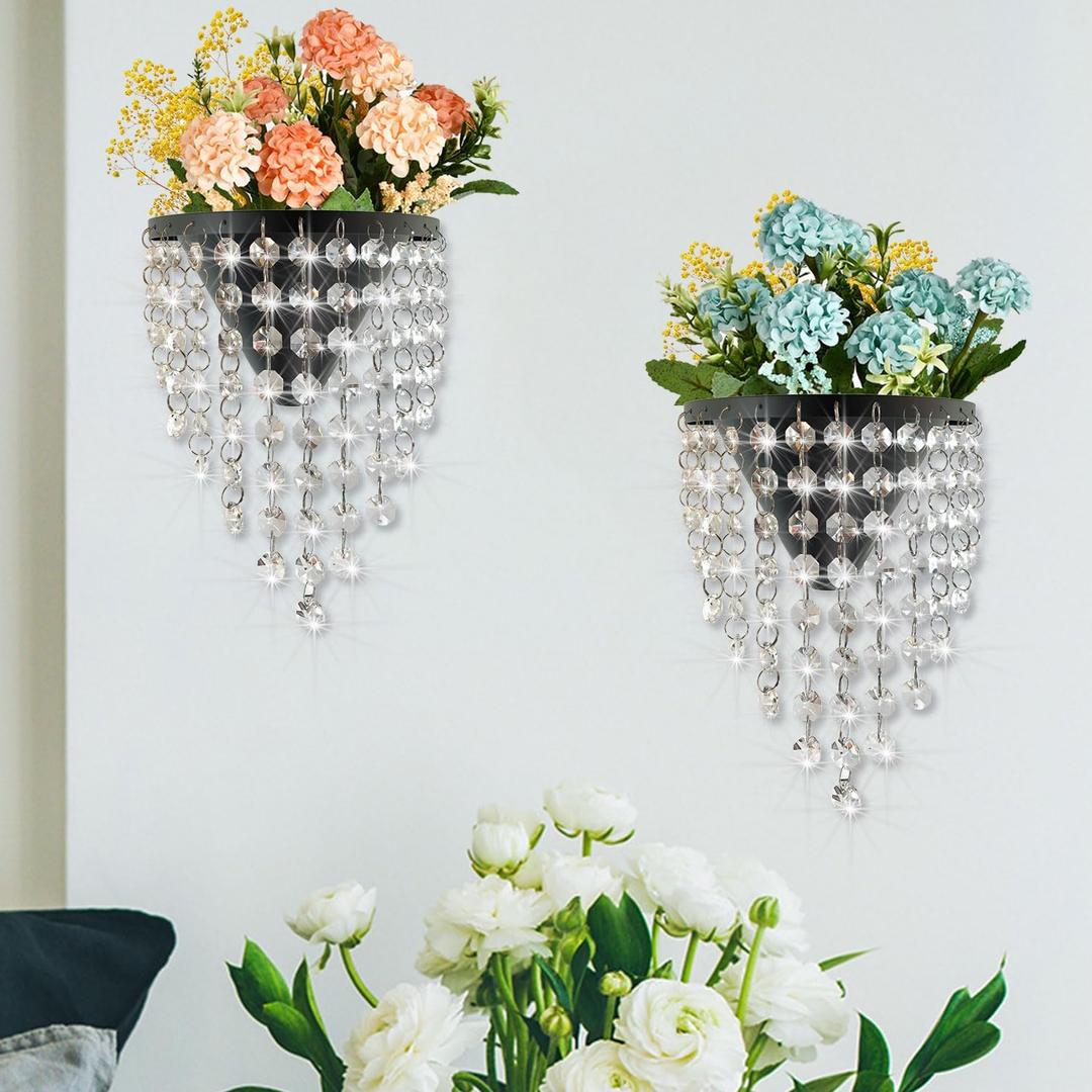 2 Pack Metal Flower Vase for Wall Crystal Vase Decor Hanging Decoration Floral Holder for Home Office Living Room Bedroom Bathroom (Black) (7"L x 5"H x 4"W)