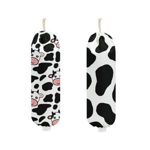 2Pcs Cow Plastic Bag Holder 22.5x9 Inch, Cute Cows Wall Mount Plastic Bag Organizer with Drawstring, Reusable Grocery Bags Storage Dispenser for Home Kitchen Pantry Decor, Cow Gifts for Women Mom