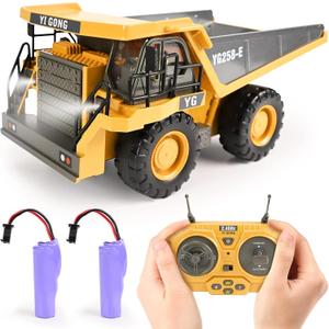 KidsFaves Remote Control Dump Truck Toys 9 Channel 2 Batteries RC Construction Toy Vehicles with Metal Bed Lights/Sounds, Birthday Gifts for Boys Age 3+