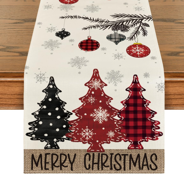 Artoid Mode Red Pine Trees Merry Christmas Table Runner, Winter Xmas Holiday Kitchen Dining Table Decoration for Home Party Decor 13x48 Inch